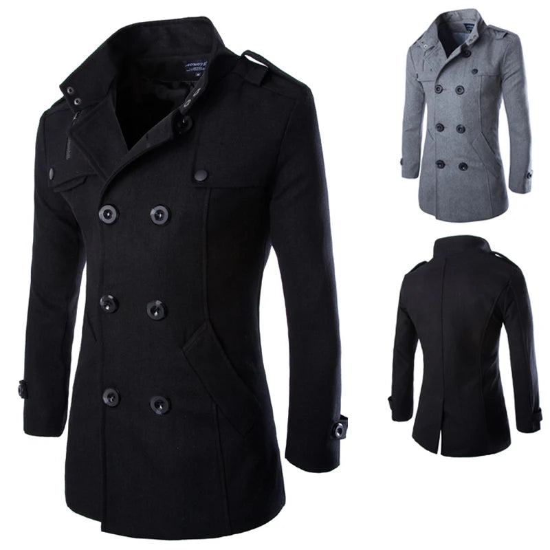Autumn New Solid Color Hoodless Collar Men's Medium Long Coat Fashion Casual Double-breasted Men's Medium Long Coat.
