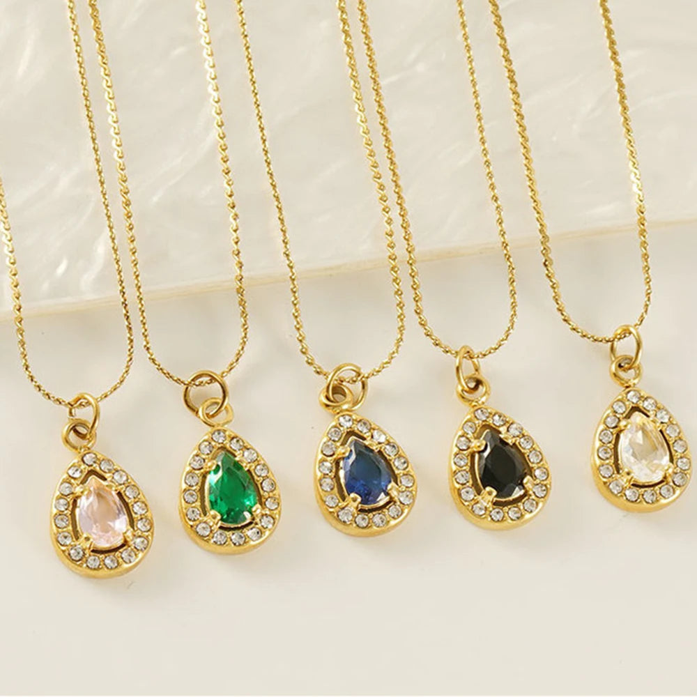 Wholesale Cubic Zirconia Pendant Necklace PVD 18K Gold Color Anti Non Tarnish Free Waterproof 316L Stainless Steel Chain Jewelry