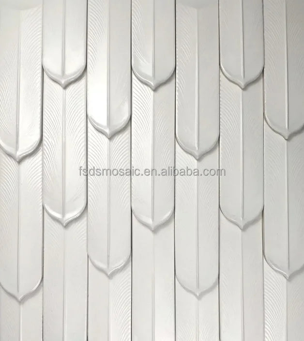 Premium Small White Green 3d Feather Shape Ceramic Mosaic Porcelain Wall Tiles Glazed Porcelain Mosaic Art Tiles for Living Room