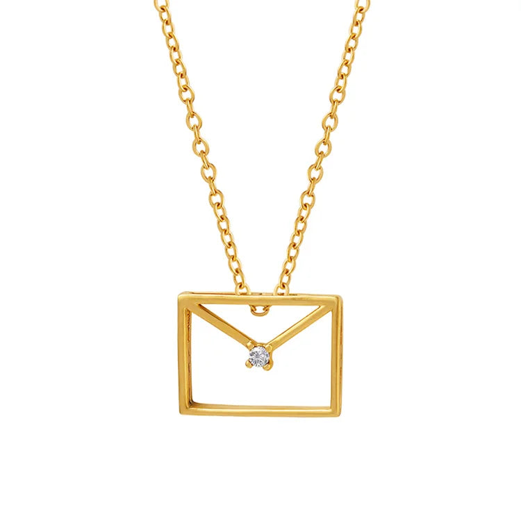 Wholesale Ladies' Gold Plated Small Envelope Design Inlaid Glitter Zircon Square Pendant Necklace Sets Waterproof