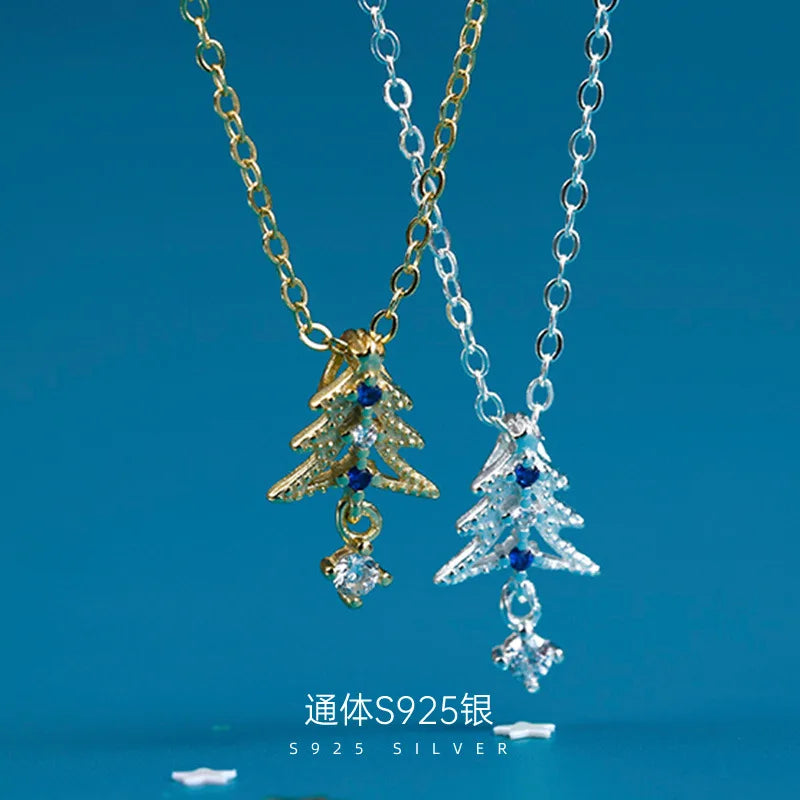 Fashion Pendant Necklaces 925 Sterling Silver Christmas Tree Necklace Green Blue Zircon Gold Plated Necklace for Girls Women