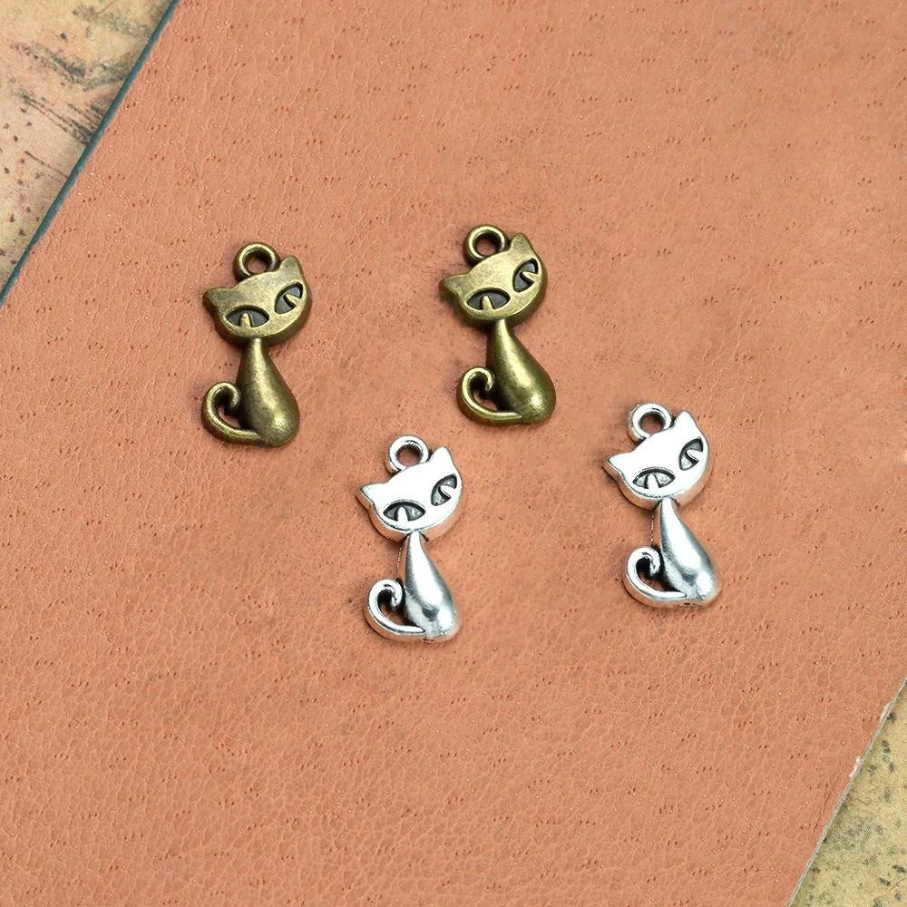 Sitting Cat Curled-Tail Charm Zinc Alloy Antique Silver Hollow Eye Pendant for Cat Lover Bracelet MegaBDM