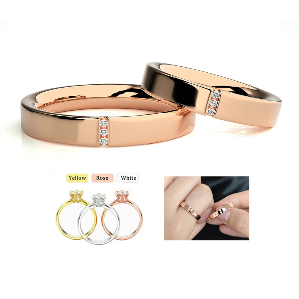Abiding Channel Setting 3 Stone Rose Gold Plated Geometric Moissanite Couple Ring Chunky Eternity Band Ring Bijoux Wholesale