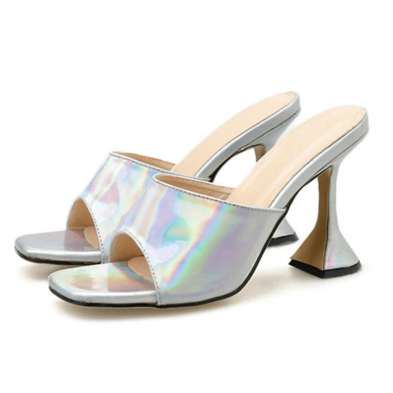 Plus Size Ladies Glass Heel Mules Square Toe Slip on High Heels Sandals Slippers Women Shoes for Party