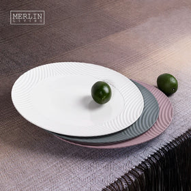 Merlin Plain Grey Dinner Plate Round Shape Bump Stripe Non-Slip Nordic Plates Sets Dinnerware for Home Decoration Accessories