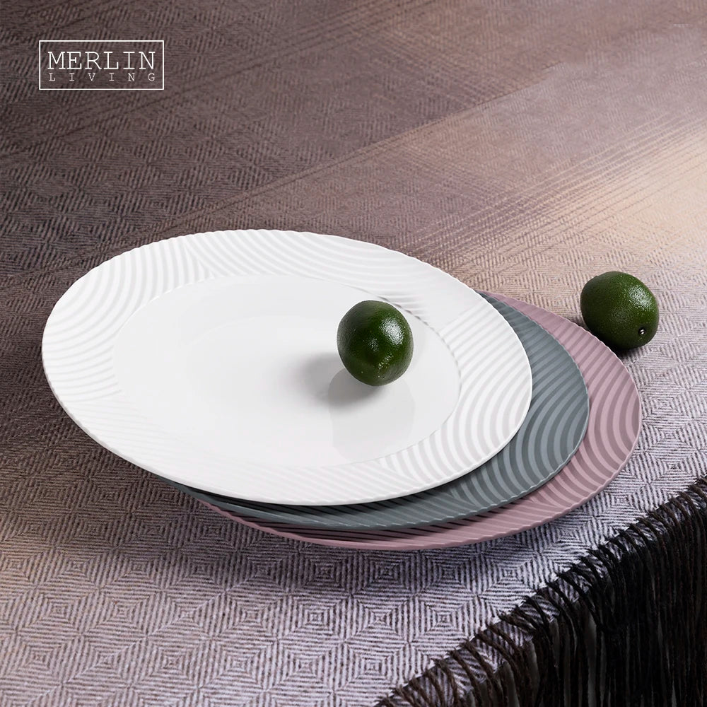 Merlin Plain Grey Dinner Plate Round Shape Bump Stripe Non-Slip Nordic Plates Sets Dinnerware for Home Decoration Accessories