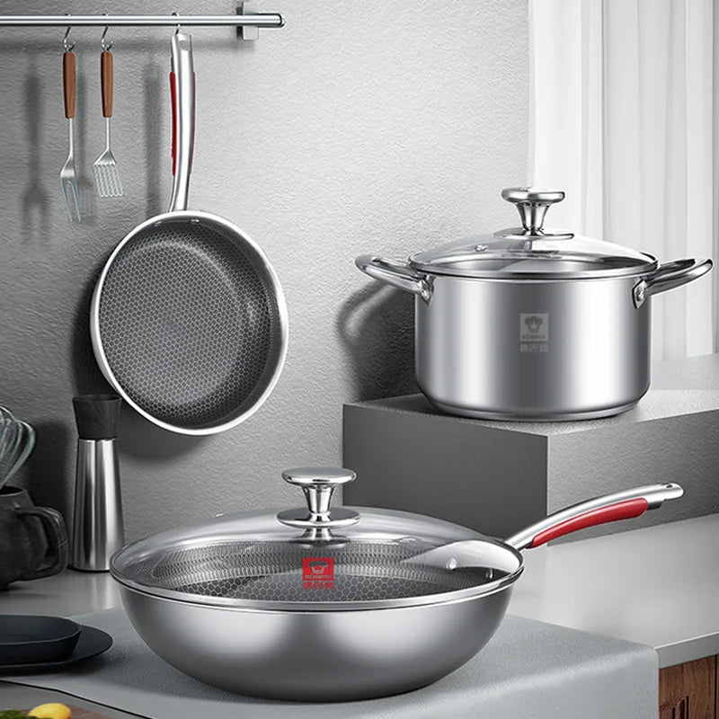 3pcs Wholesale 304 Stainless Steel Eco-Friendly Cookware Set with Glass Cover for Gas & Induction Cookers