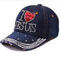 Women Fashion Rhinestone Baseball Cap Studded Rhinestone Bling Outdoor Sport Hat Denim I LOVE JESUS Baseball Hats MegaBDM