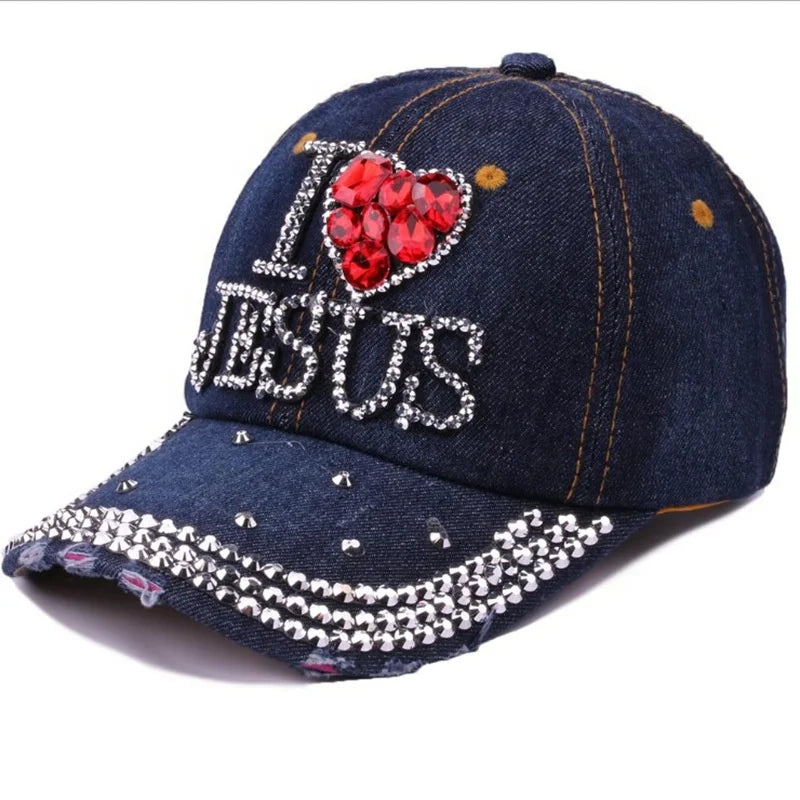 Women Fashion Rhinestone Baseball Cap Studded Rhinestone Bling Outdoor Sport Hat Denim I LOVE JESUS Baseball Hats MegaBDM