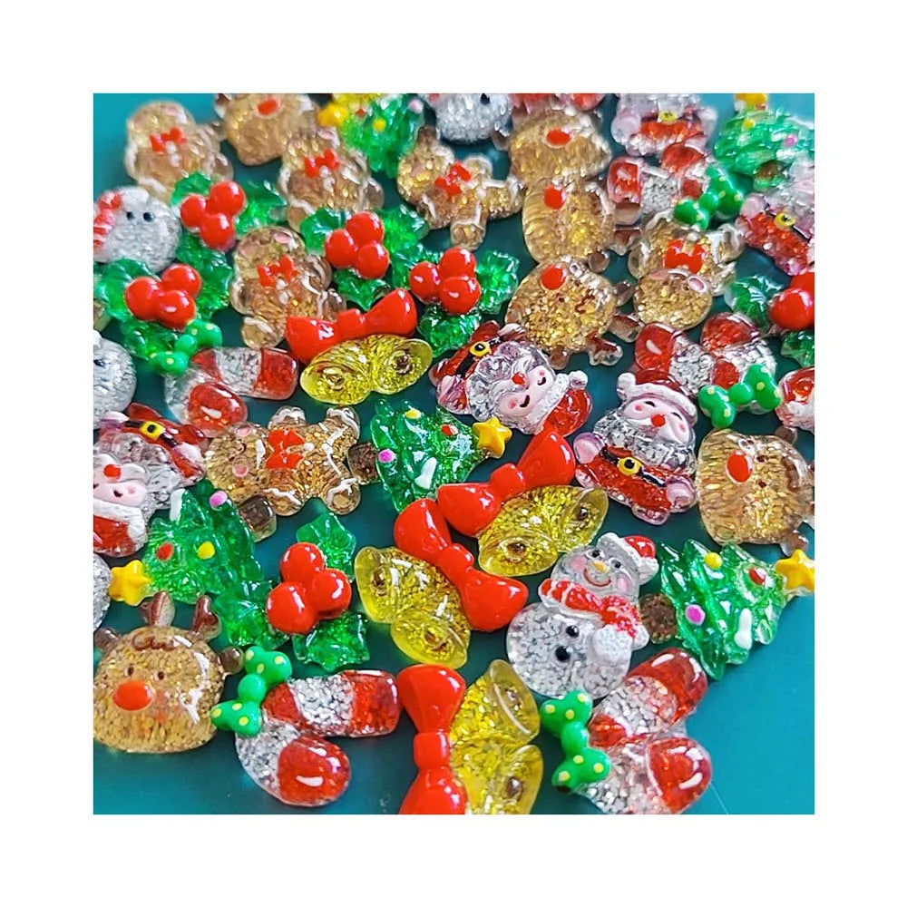 100pcs Transparent Glitter Resin Christmas Decorations Cartoon Snowman Deer Flat Back Charms Figurine Scrapbook DIY Decor Crafts