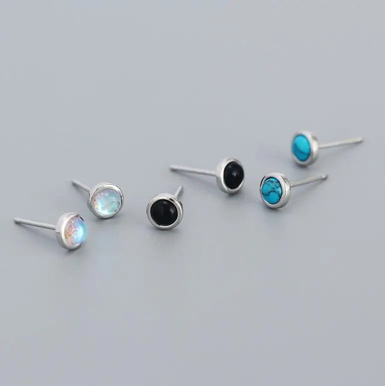 925 Silver Jewelry Minimal Tiny Gold Studs Delicate CZ Cartilage Earrings Round Gemstone Black Blue Moonstone Stud Earrings