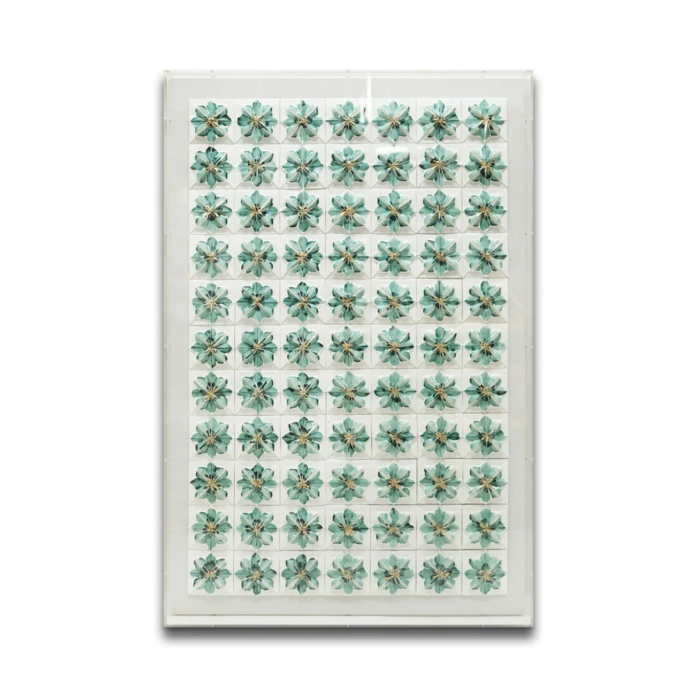 Green Hadcrafted Paper Wall Decor Flower Geometric Mosaic Paper 3d Artwork With Acrylic Frame