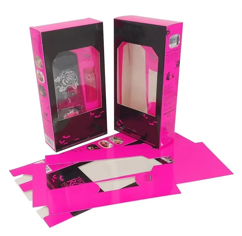 Pink White Card Collapsible Wine Glass Bottle Cup Packaging Ivory Board Gift Box With PET Clear Window
