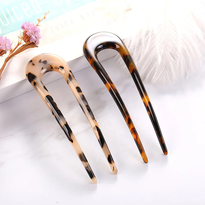 Designer French Hairpins Vintage Bun Chignon Leopard Tortoiseshell Acetate Hair Stick Fork Large U-shaped Hair Pin for Hair