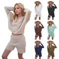 2026 Custom LOGO New V-neck Lapel Long Sleeves Two Piece Set Knitted Solid Color Sweater Shorts Suit Sports Suits for Women