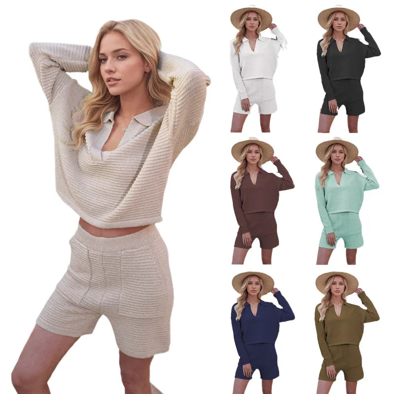 2026 Custom LOGO New V-neck Lapel Long Sleeves Two Piece Set Knitted Solid Color Sweater Shorts Suit Sports Suits for Women
