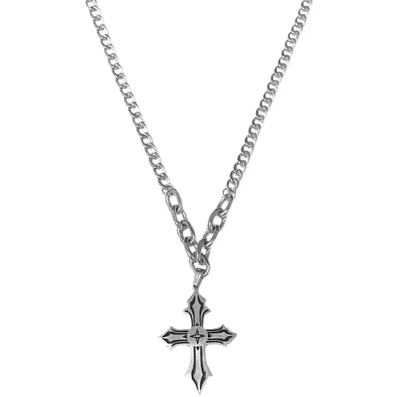 High Quality Titanium Steel Sweater Chain Punk Metal Wind Cross Pendant Necklace Men Necklace