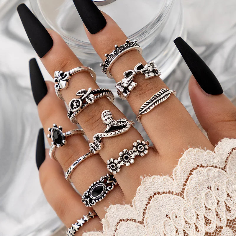 Punk Gothic Butterfly Snake Chain Black Dice Vintage Silver Plated Retro Rhinestone Charm Finger Ring Set for Women Jewelry