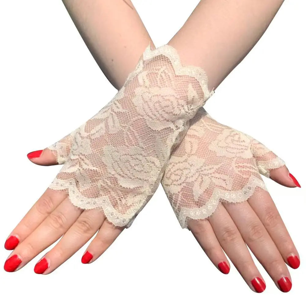 LOWOSAIWOR Summer Women's Lace Nylon Wrist-Length Half Finger Sunscreen Gloves Beach Use Needle Detection Cross-Border Wholesale