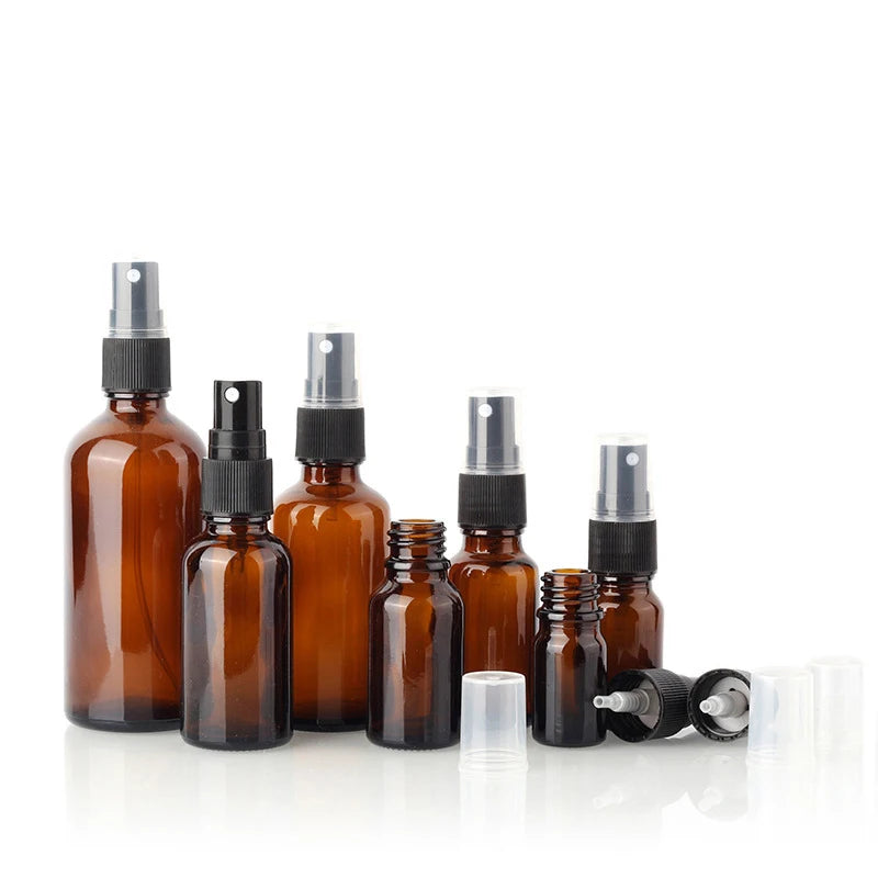 Essential Oil Spray Bottles 5ml to 100ml Amber Glass Boston Bottles with Black Plastic Pump and Dropper Sealing