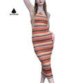 Boho Geometric Print Halter Neck Bodycon Midi Dress Knit Fade-resistant Backless Bodycon Vintage Bohemian Vacation Dress