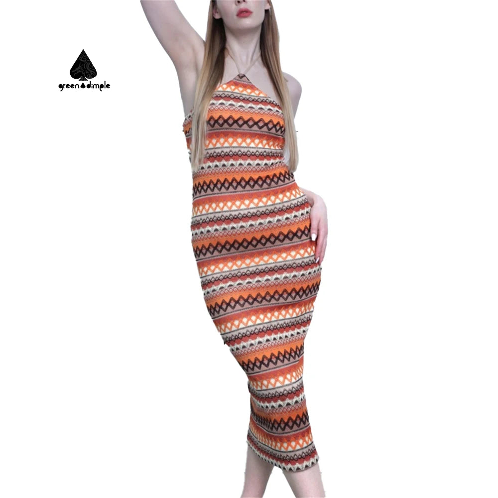 Boho Geometric Print Halter Neck Bodycon Midi Dress Knit Fade-resistant Backless Bodycon Vintage Bohemian Vacation Dress
