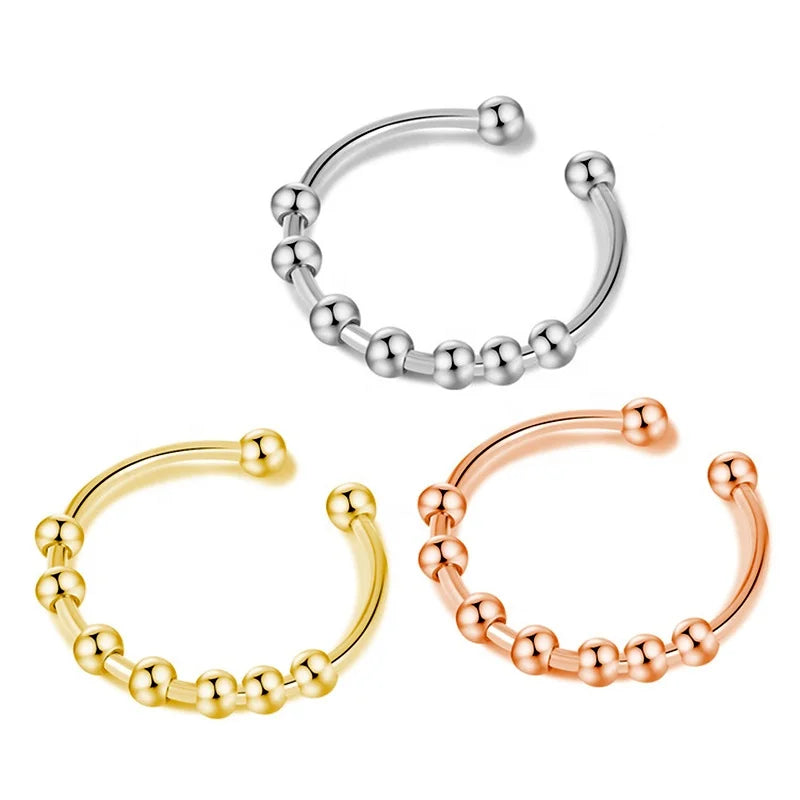 Trendy Tarnish Free Rose Silver 18K Gold Plated Adjustable Stainless Steel Rotatable Beads Fidget Anxiety Ring Jewelry for Women