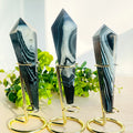 New Arrival Natural Black Agate Crystal Point Wand Spiritual Healing Stone Black Agate Towers with Holder for Decoration