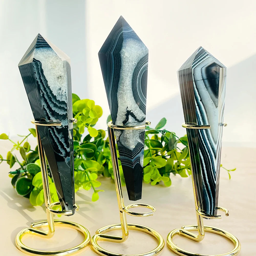 New Arrival Natural Black Agate Crystal Point Wand Spiritual Healing Stone Black Agate Towers with Holder for Decoration