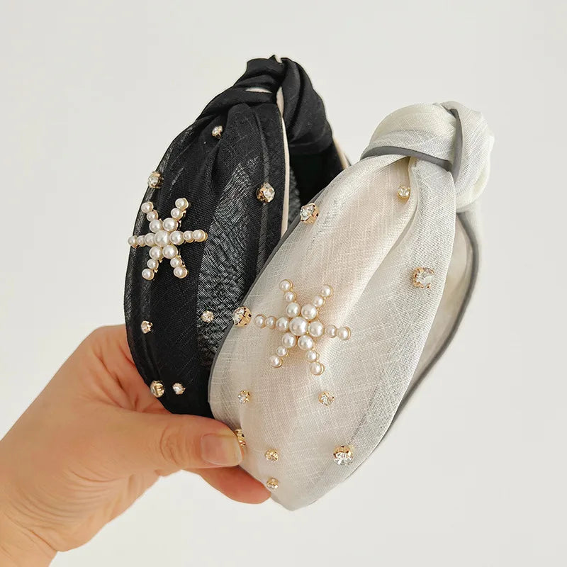 European New Arrival Solid Color Mesh Women Hair Accessory Handmade Custom Pearl Crystal Knot Headband