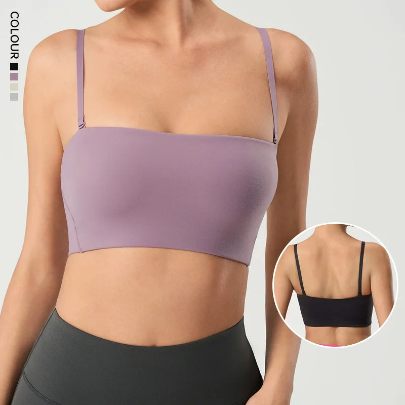 SHINBENE Women's Wireless Solid Yoga Workout Bralettes Padded Bandeau Sports Tube Top with Removable Straps Plus Size
