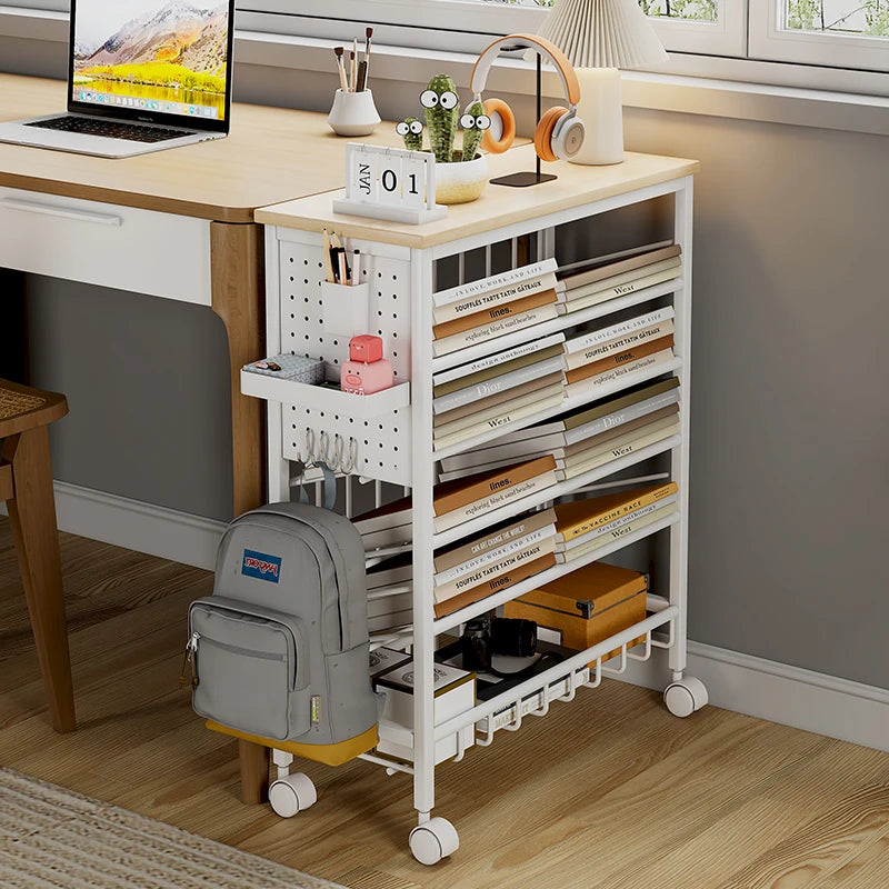 2024 NEW Metal With Wheels 360 Rotation White Drawing Room Corner Sofa Storage Rack Bedroom Children Study Desk Side Bookshelf