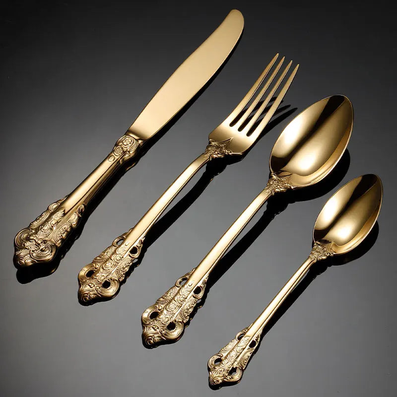 2020 New Arrivals Royal Vintage 18/8 Flatware Gold Plated Silverware Stainless Steel Luxury Cutlery Set