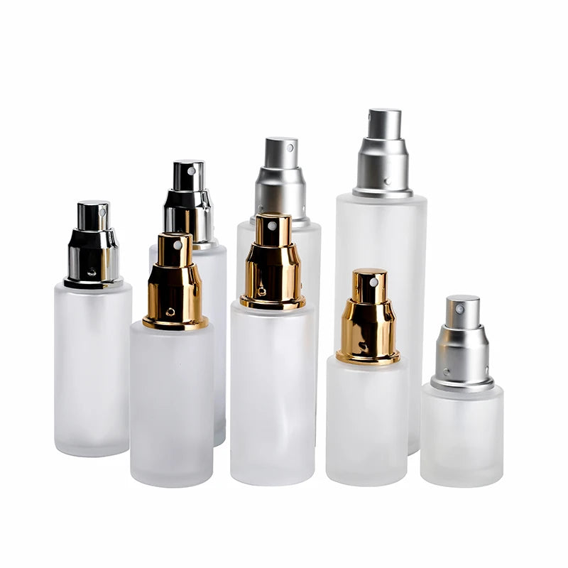 Refillable Flat Shoulder 20ml 30ml 40ml 50ml 60ml 80ml 100ml 120ml Frosted clear Glass Bottle with Aluminum Pump Sprayer