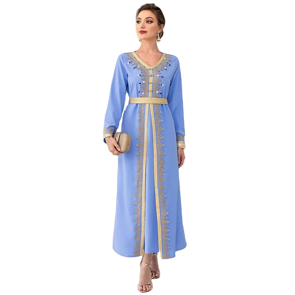 Newest Coming Light Sky Blue v Neck Lace Rhinestone Decoration Embroidery Flower Dubai UAE Turkey Elegant Party Abaya