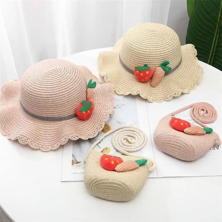 New Bags  Children's Straw  Hat Summer Handbags Girl Travel Wild Beach Accessories Sweet Kids Straw Hats Bag Set