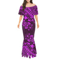7XL Puletasi Samoan Women Polynesian Tribal Custom Pattern Floor-Length Woven Drape Shoulder Bodycon One Shoulder Fishtail Dress