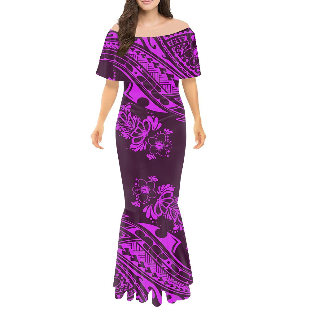 7XL Puletasi Samoan Women Polynesian Tribal Custom Pattern Floor-Length Woven Drape Shoulder Bodycon One Shoulder Fishtail Dress