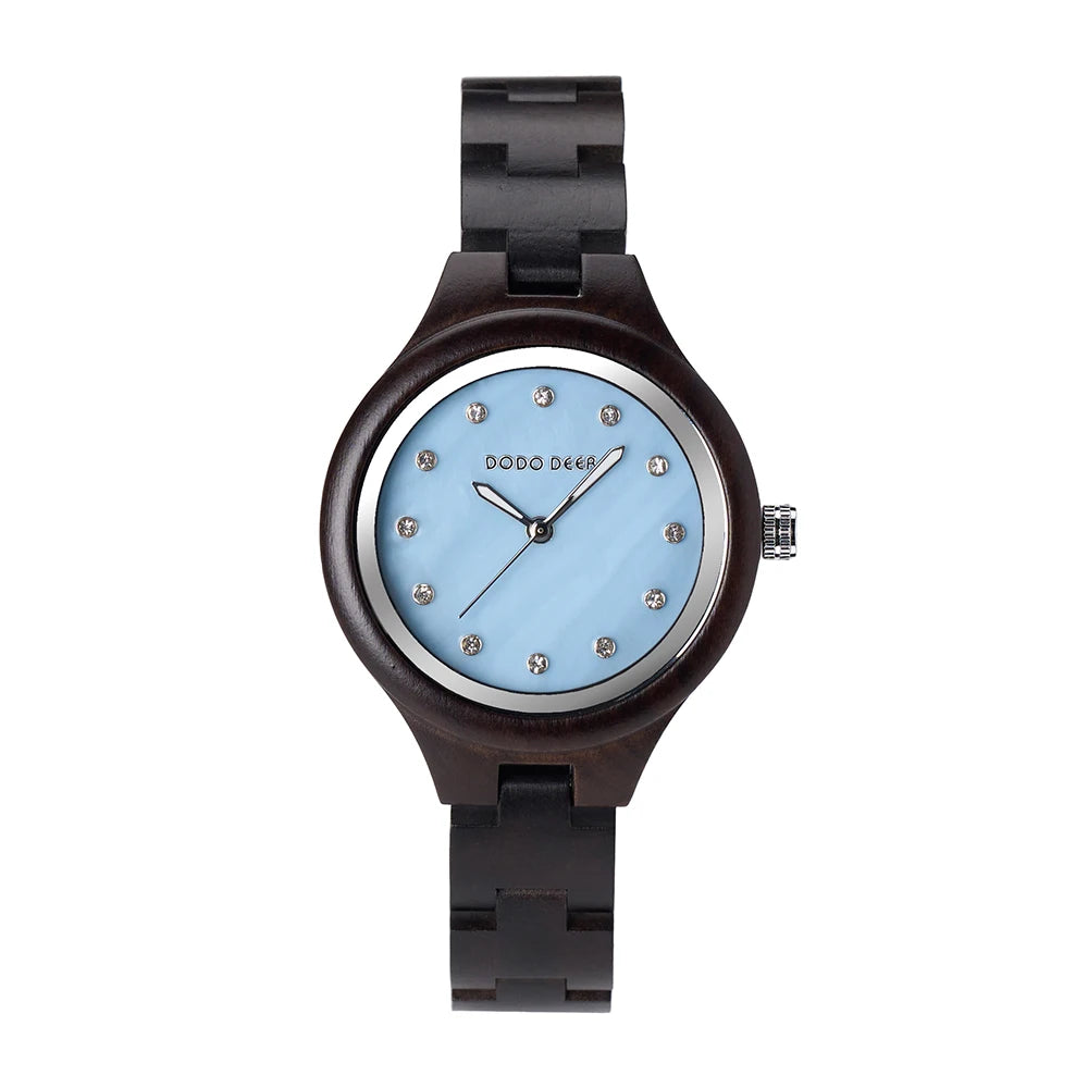 2025 Latest for DODO DEER Women's Fashion Wooden Wristwatch Christmas Gift Rhinestone Shell Dial Quartz 37mm Business Pointer