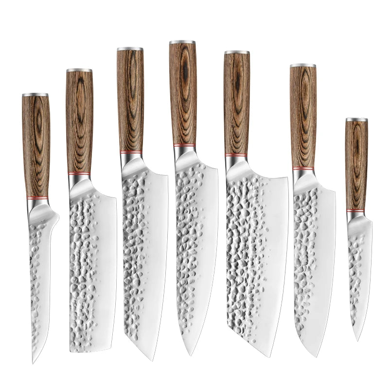 7-Piece Forged Stainless Steel Kitchen Knife Set Luxurious Pakkawood Handle Includes Chef Kiritsuke Boning Utility Knife