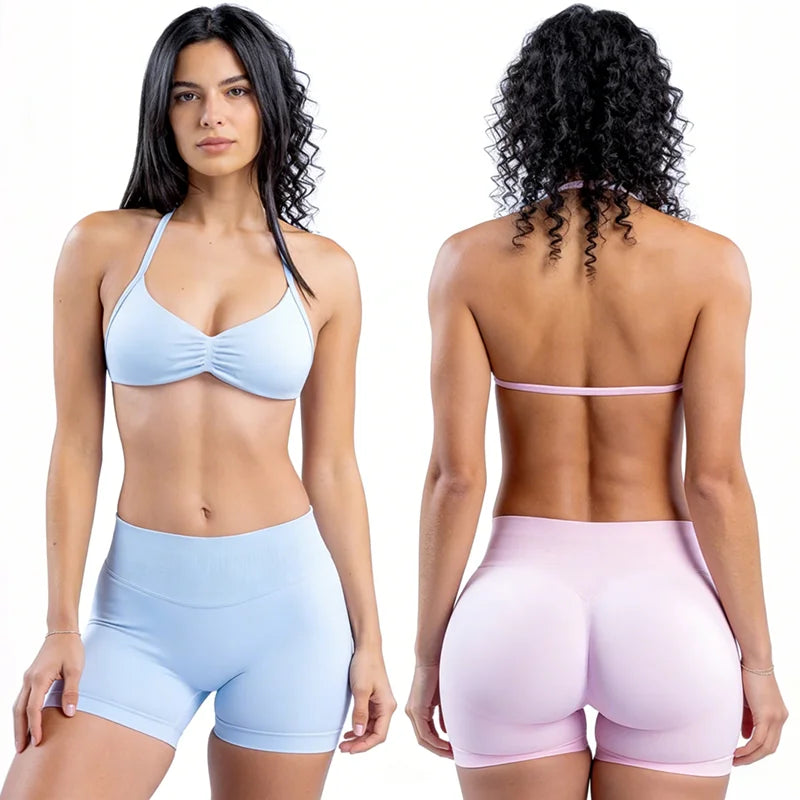Women's Halter Neck Ruched Sports Bra Thin Back Strap Seamless Padded Workout High Support Minimalist Back Athletic Bralette