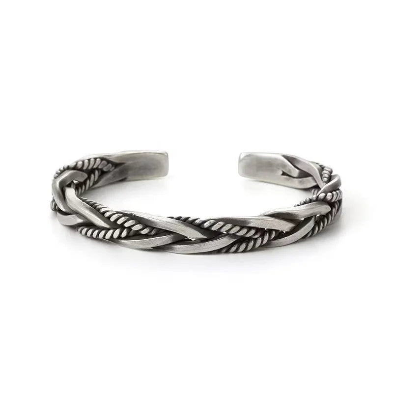Vintage Style Thai Silver Bracelet Handmade Opening Cuff Bangle Twist Woven Bracelet for Women Men
