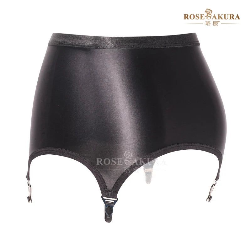 Hot Sale High-Waisted Hook & Eye Closure Suspenders for Stockings 4 Elastic Belts Oil Shiny Garter Belt Rosesakura 8315