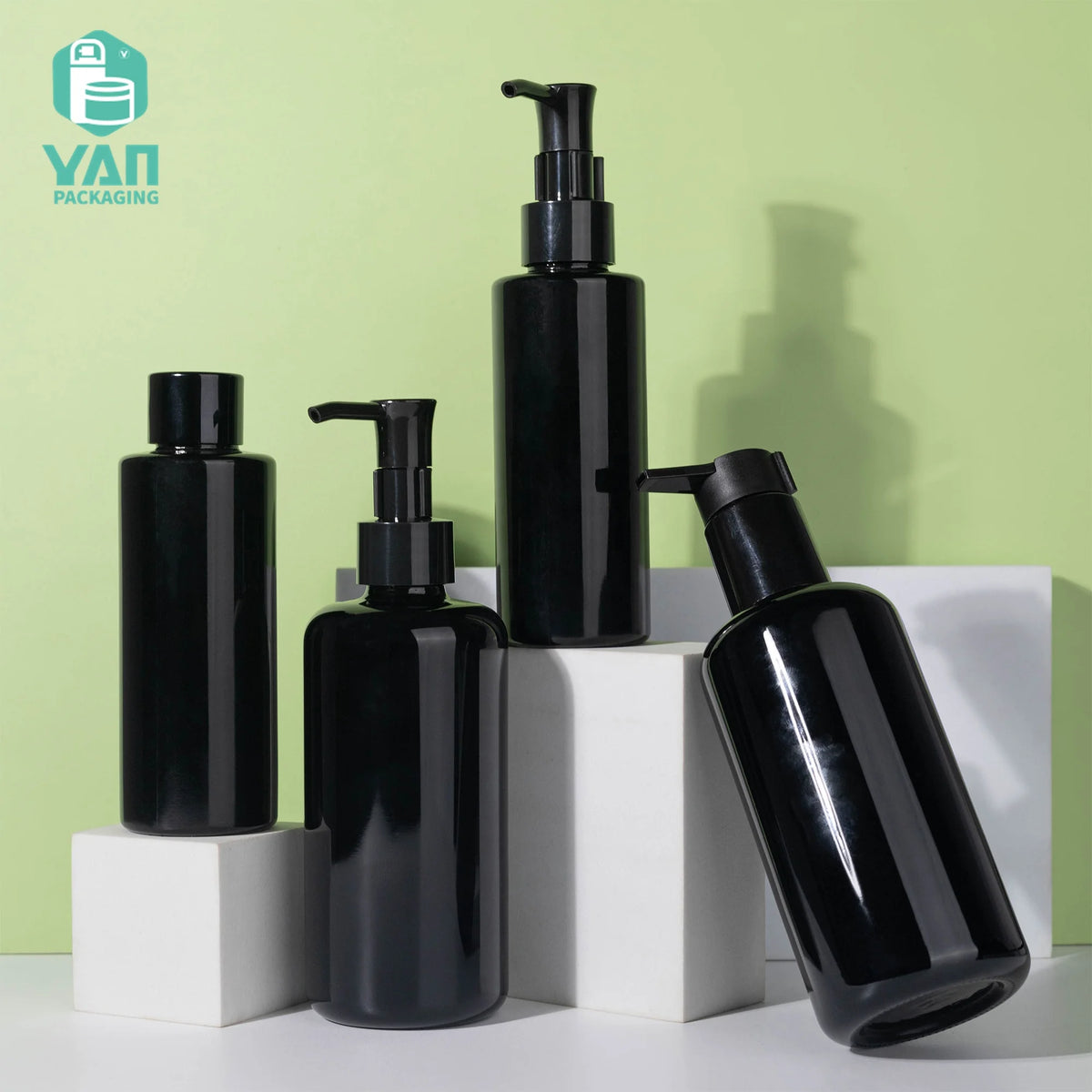 YAN Packaging 100ml 200ml Violet Black Glass Shampoo Essence Oil Serum Bottles with Pump Cap Men Cosmetics