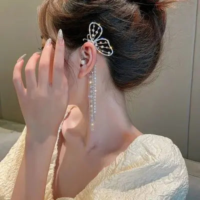 Pop Ins Fairy Butterfly Tassel Ear Clip Ear Hole Fashion Flash Drill Pearl Butterfly  Ear Cuff Earrings for Women