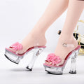 Pink Thick Heel Transparent Crystal 14cm Pole Dance High Heels Club Women's Large Leaky Toe Platform High Heels Sandals