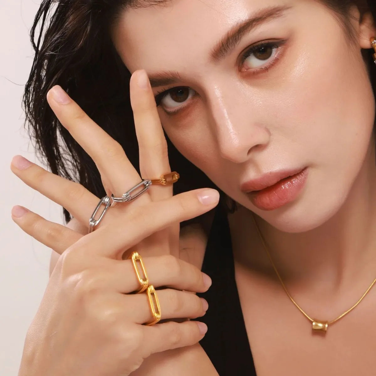 Rectangular Geometric Hollow Ring Fashion Personality Stainless Steel 18K Real GGold PVD Plating Index Ring