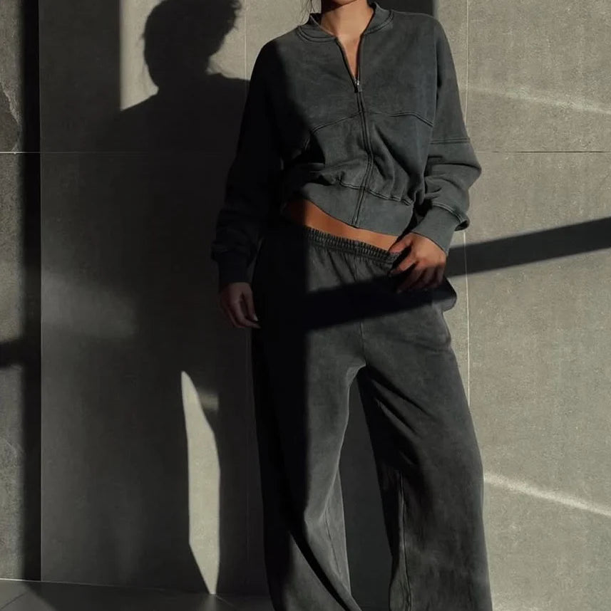 Custom Winter Sweatsuit Casual Acid Wash Solid Color Hooded Tracksuit With Zip Embroidery Sweatpants Two Piece Set for Women
