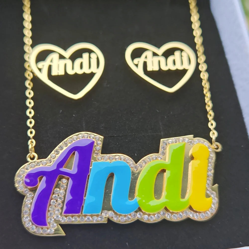 Qiuhan Personalized Stainless Steel Colorful Enamel Rhinestone Custom Name Necklace 20mm Heart Name Earstuds Jewelry Set