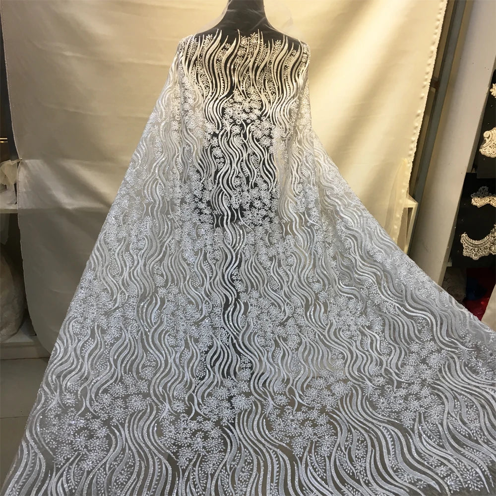 Luxury French Pearl Tulle Embroidery Lace Fabrics 5 Yards African Beads and Stones Crystal Fabric Lace